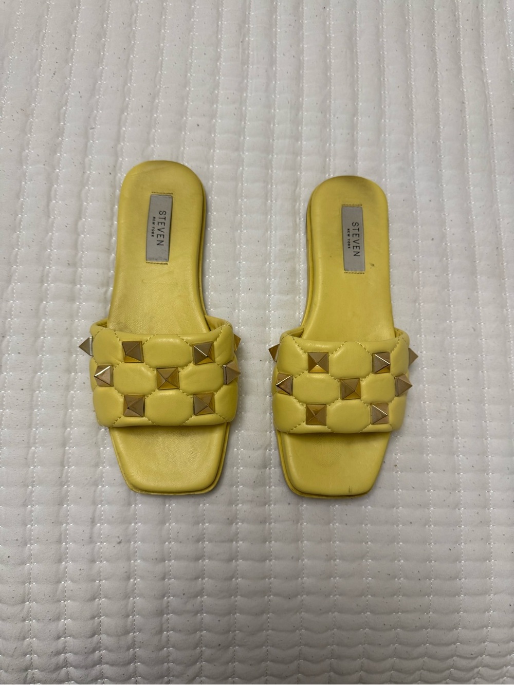 Steve Madden Yellow Quilted Slide Sandals with Gold Studs